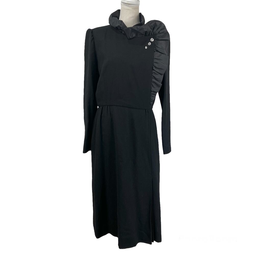 Vintage Midi Dress High Ruffle Collar Black
